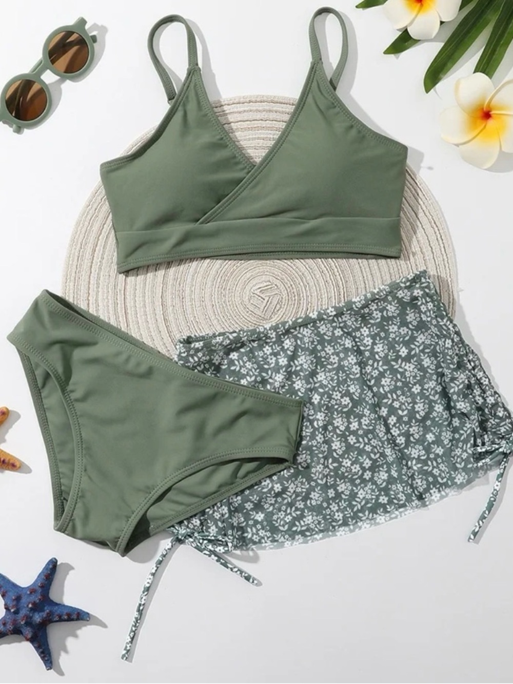 Olive Green Women’s Swim Set with Wrap Top and Floral Skirt